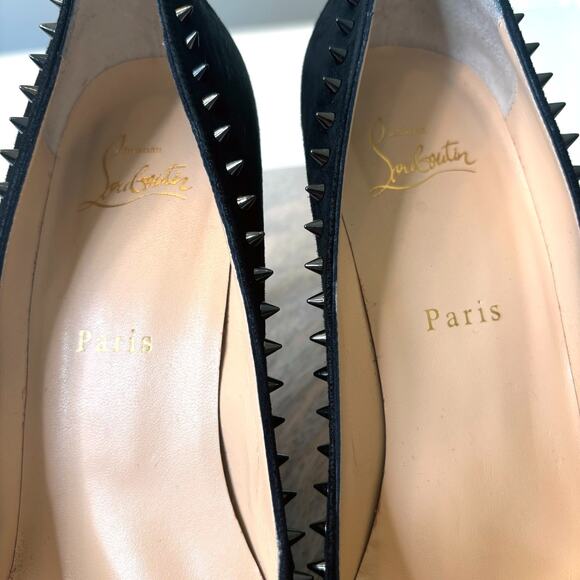 Christian Louboutin Follies Spikes 100 Pumps Black Suede Red Sole Heels Size 8.5 - Picture 8 of 15